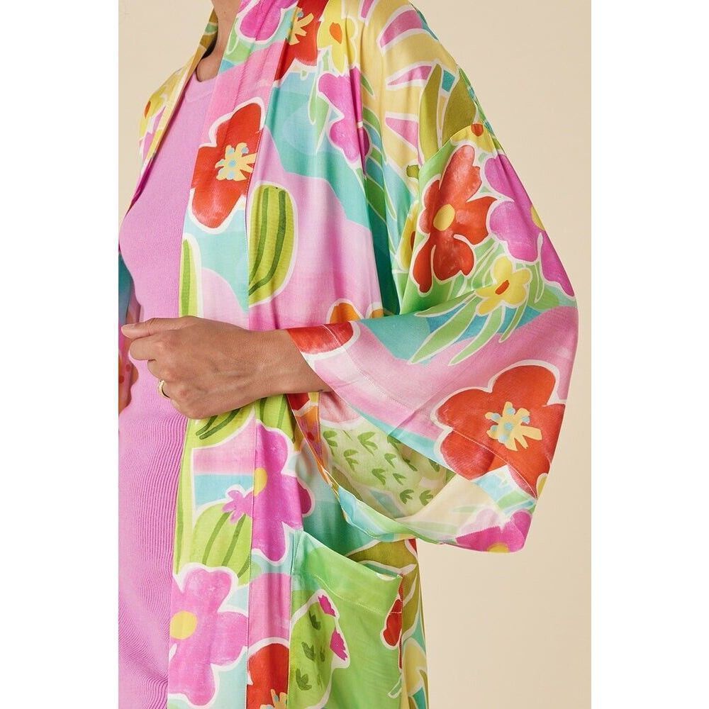 Spell Floral Pastel Silk Kimono Robe in Aqua, Pink & Yellow - Picture 6 of 10